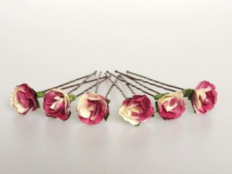  Handcrafted mulberry and cream parchment rose Hairpins for Brides / Bridesmaids