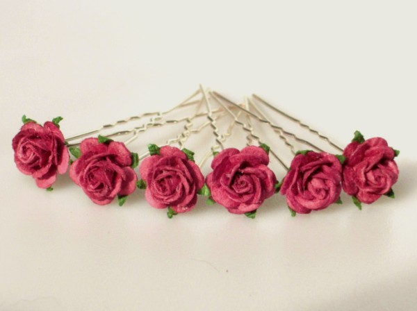 Small burgundy open roses x 6